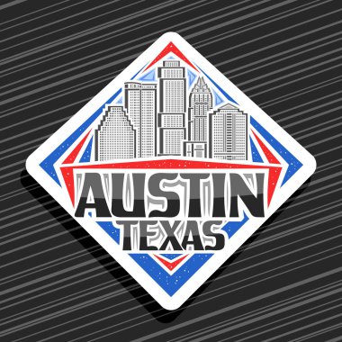 Austin için vektör logosu, beyaz eşkenar yol tabelası gökyüzü arka planında ünlü çağdaş Austin şehir manzarasının çizgi çizimi, dekoratif buzdolabı mıknatısı Austin, Teksas