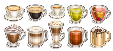 Vector Kahve ve Çay seti, bir sürü farklı kesilmiş porselen kahve fincanı, sıcak koyu bir içecek, çırpılmış cappuccino, katmanlı şekerli kahve bardağı.