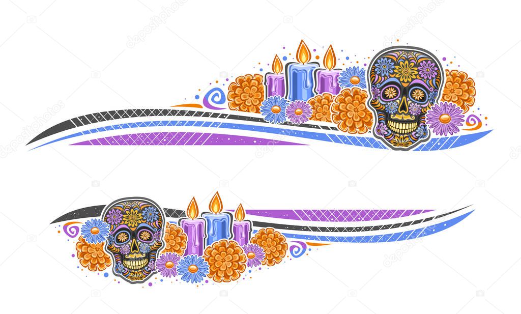Vector border for Day of the Dead with empty copy space for text, greeting card with illustration of decorative art creepy skull, burning candles, festive orange flowers for day of the dead on white