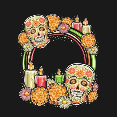 Vector frame for Day of the Dead with blank copyspace for congratulation text, round sign with illustration of decorative art creepy skull, burning candles, festive orange flowers for day of the dead clipart