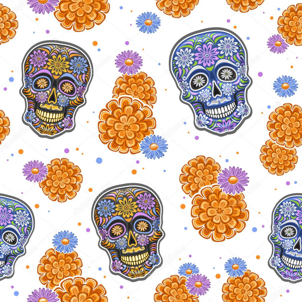 Vector Day of the Dead seamless pattern, square repeating background with set of cut out illustrations of variety colorful skulls and orange flowers on white background, wrapping paper for day of dead