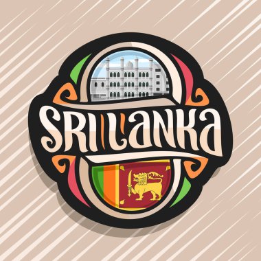 Sri Lanka ülke, sri Lankalı devlet bayrağı, kelime sri lanka ve ulusal srilankan sembolü - Colombo Dewatagaha Camii'nde gökyüzü arka plan üzerinde orijinal fırça yazı ile buzdolabı mıknatıs için vektör logo