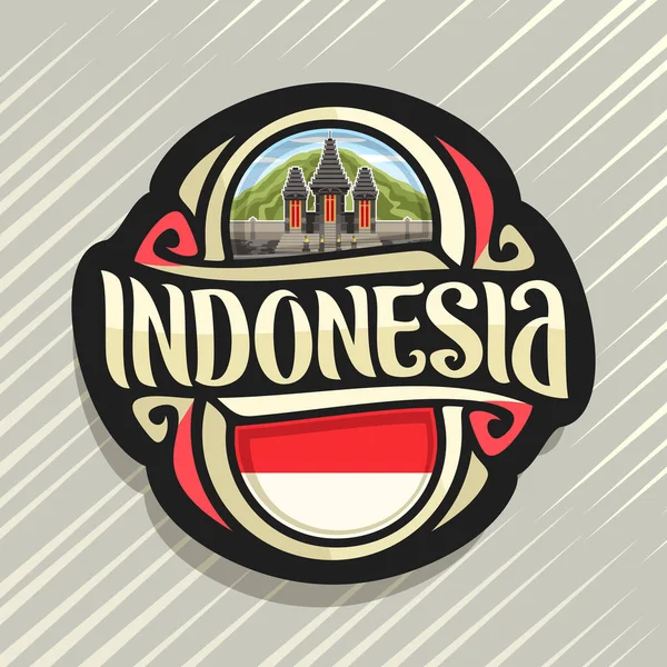 矢量标志为印度尼西亚国家 冰箱磁铁与印度尼西亚国旗 原始的刷子字体印度尼西亚并且全国印度尼西亚标志 Luhur 潜力在山的背景 — 图库矢量图片