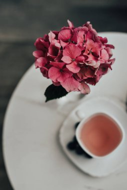 Vazoda bir ortanca çiçeği ve masada bir fincan çay.