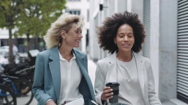 Joyeuses collègues féminines marchant ensemble dans la rue — Video