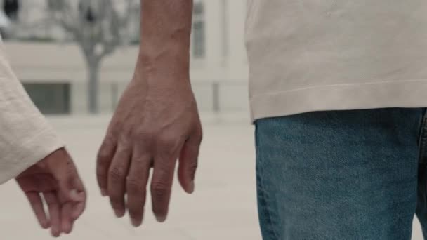 Κοντινό πλάνο της αγάπης ζευγάρι κρατώντας τα χέρια στην οδό της πόλης — Αρχείο Βίντεο