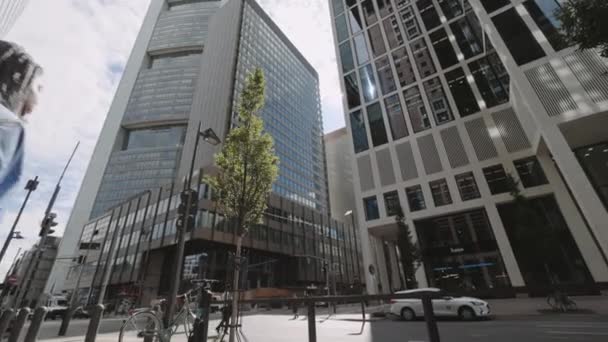 Frankfurt, Alemania, agosto de 2021: Vista trasera de una mujer afroamericana con rastas caminando por la calle de la gran ciudad. Jovencita vistiendo camisa casual azul y pantalones negros. Rascacielos modernos alrededor. — Vídeos de Stock