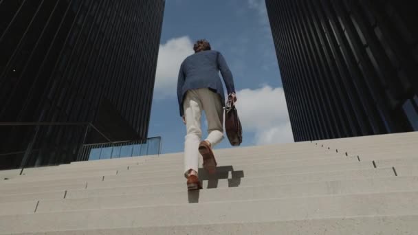 Empresario llevando maleta mientras camina por las escaleras — Vídeo de stock