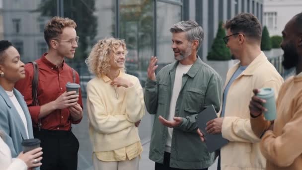 Equipo de trabajadores de startups multiétnicas charlando y sonriendo — Vídeos de Stock