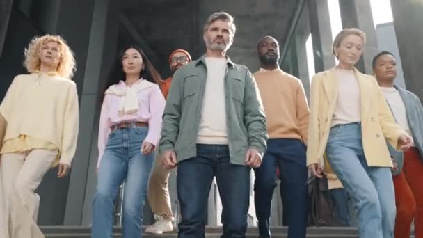 Multicultural group of business partners walking on stairs — 图库视频影像