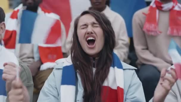 Woman cheering with french flag during football match — Stockvideo