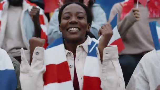 Frau sitzt auf Fußballstadion und schwenkt französische Flagge — Stockvideo