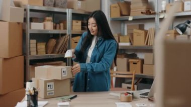 Müdür Asyalı kadın depoda tek başına çalışırken paketleri tarıyor ve detayları bilgisayarda yazıyor. Posta servisi ve küçük işletme kavramı.