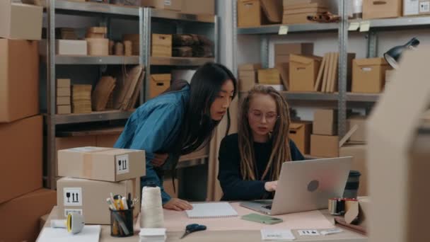 İş arkadaşı gözlük takıp ona bir şey açıklarken Asyalı esmer kadın dizüstü bilgisayara dikkatle bakıyor. Kızlar çalışma sürecini tartışıyor. Küçük işletme kavramı. — Stok video