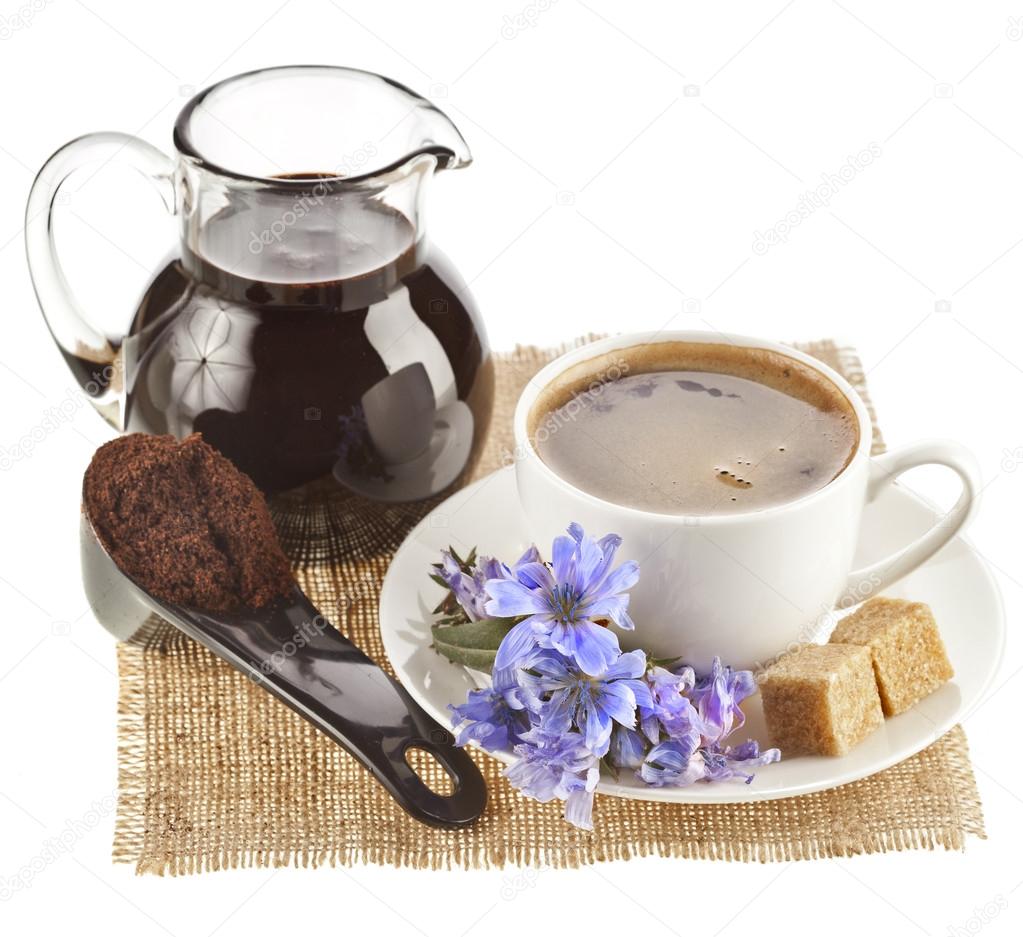 Diet drink chicory in a cup coffee substitutes , isolated on a white