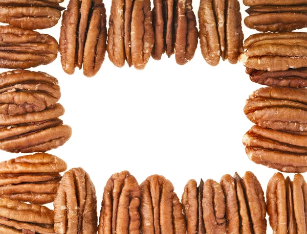 Frame of peeled pecan nuts close up, isolated on white background