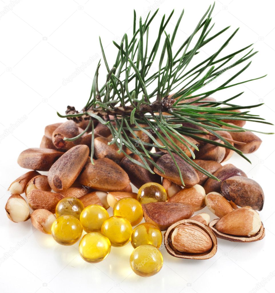 Cedar pine nuts and oil capsule — Stock Photo © Madllen 17184199