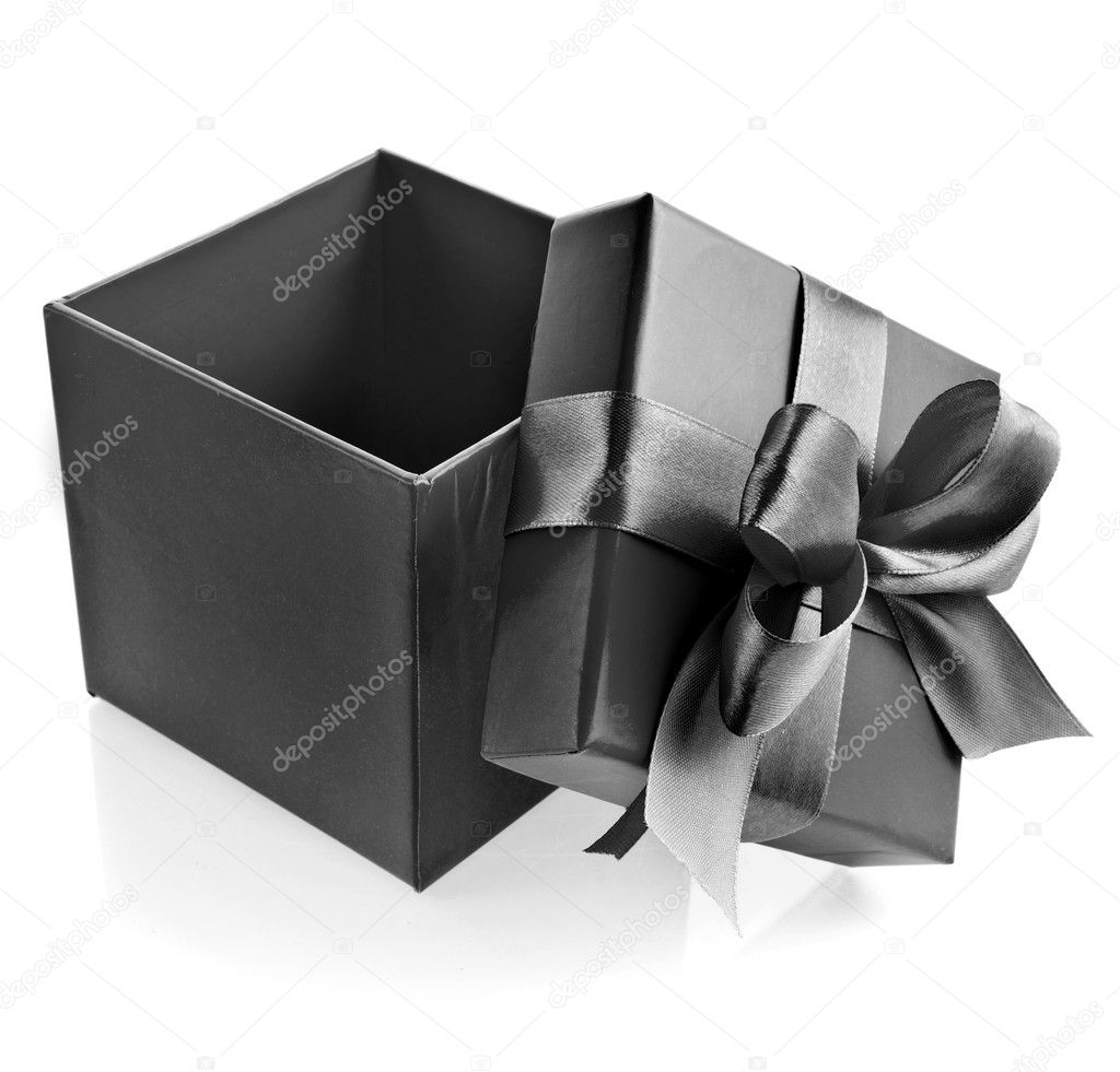 Opened black box wrapping ribbon bow isolated on white — Stock Photo