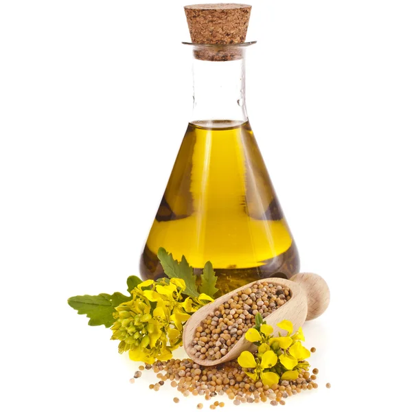 Jar of mustard oil and seeds with mustard flower, isolated on white ...