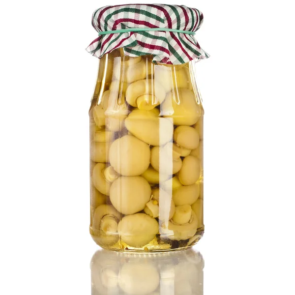 Marinated ecologic organic champignon mushrooms in glass jar resource for winter time isolated on white background — Stock Image Marinated ecologic organic champignon mushrooms in glass jar resource for winter time isolated on white background Stock Photo