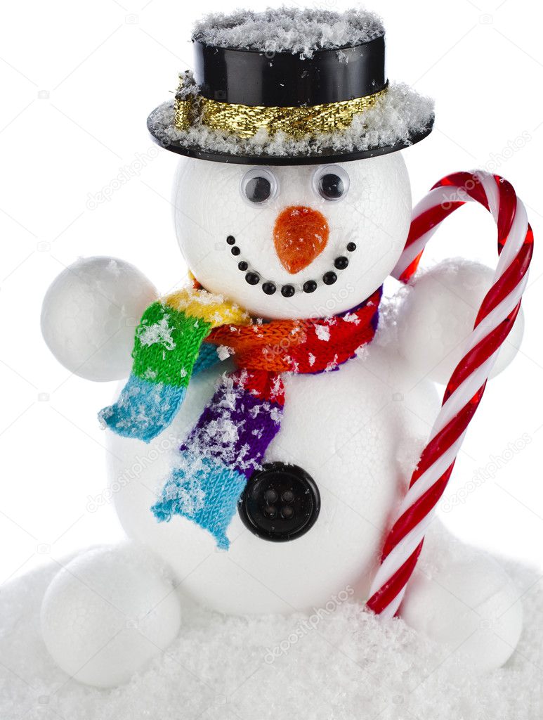 Bonhomme De Neige Drole Avec Chapeau Noir Et Baton Raye Dans Sa Main Isole Sur Fond Blanc Image Libre De Droit Par Madllen C