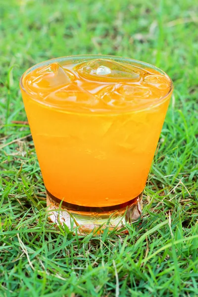 Pomerančová šťáva na trávě. — Stock fotografie