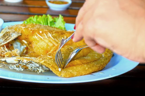 Mango de pescado frito con cuchara tenedor . —  Fotos de Stock