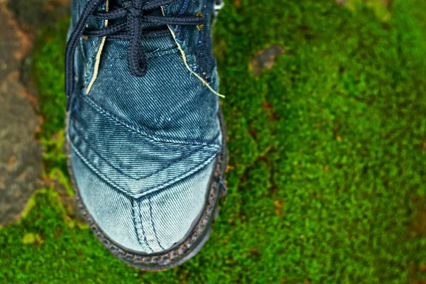 Alte Schuhe auf moosgrünem Grund. — Stockfoto