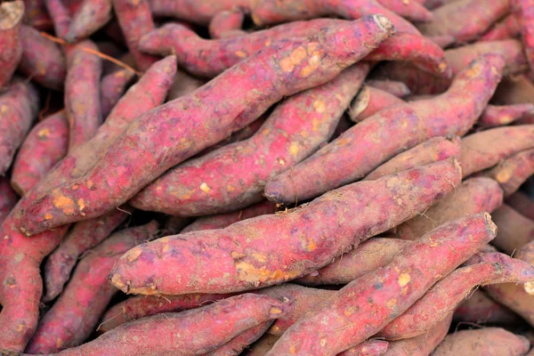 Gruppo di piccole patate dolci rosa violacee sul mercato . — Foto Stock