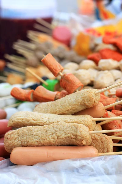 Many kinds of meat ball wooden skewer — Stock Photo, Image