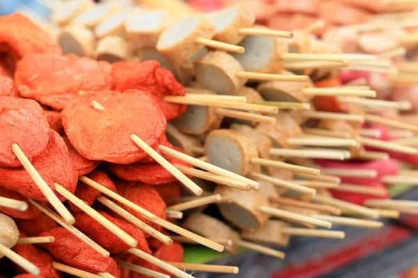 Many kinds of meat ball wooden skewer — Stock Photo, Image