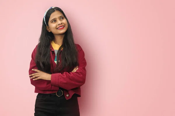 Isolated Portrait Young Asian Indian Happy Smiling Girl Looking Thinking — Stok fotoğraf