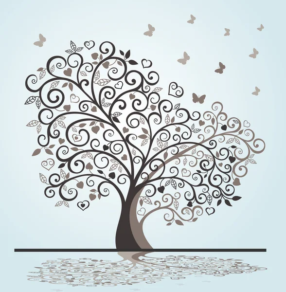 Árvore com redemoinhos e corações — Vetor de Stock