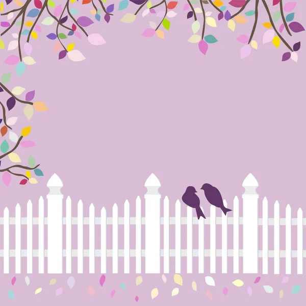 White fence with birds and branches — Stock Vector