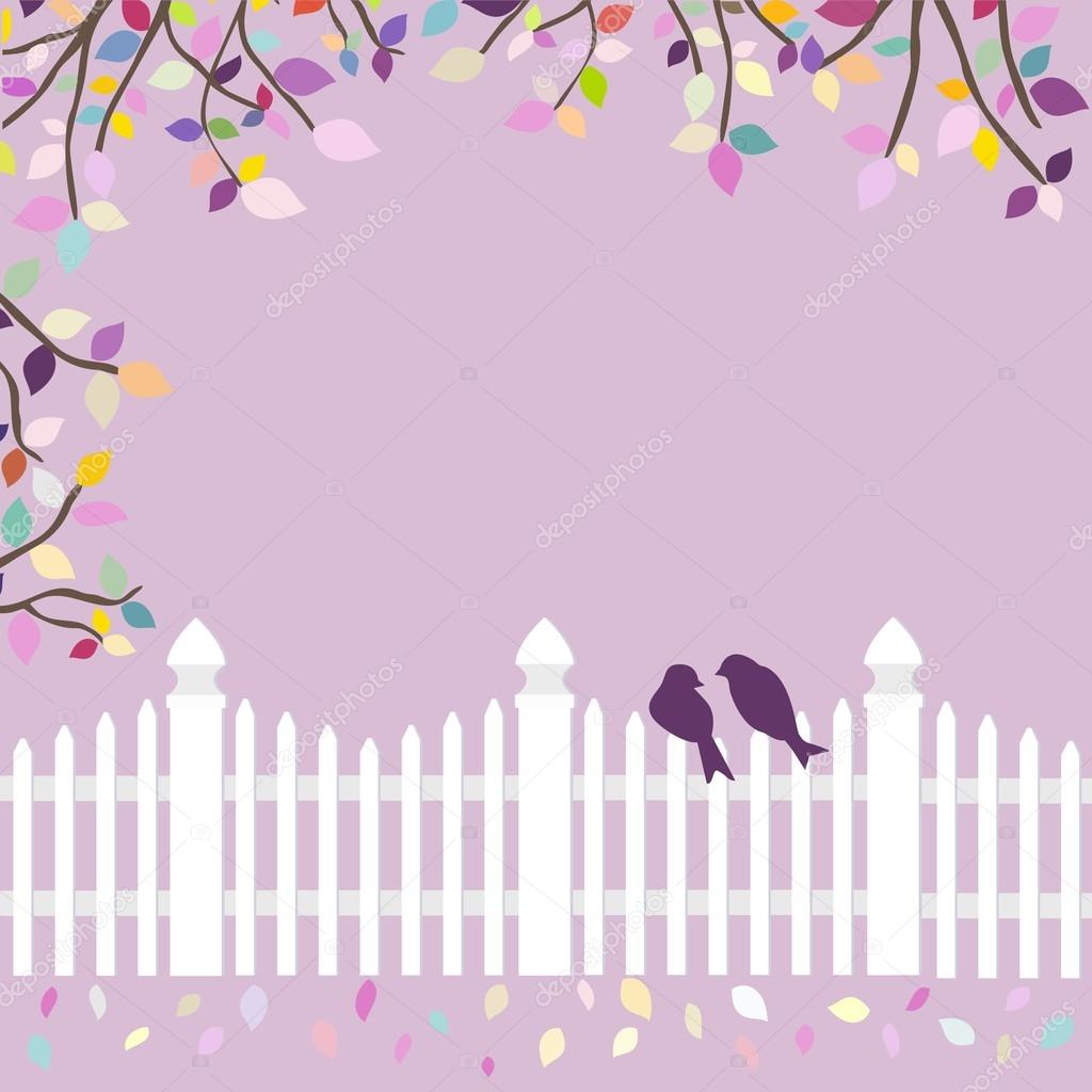 White fence with birds and branches
