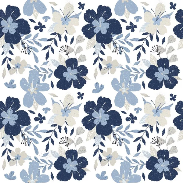 Trendiges Blaues Blumenmuster Nahtlos Blumen Hintergrund Druck Mit Handgezeichnetem Stil — Stockfoto