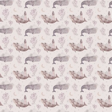 Suluboya kusursuz sualtı deseni. Şirin balinalar, balıklar ve bitkiler.