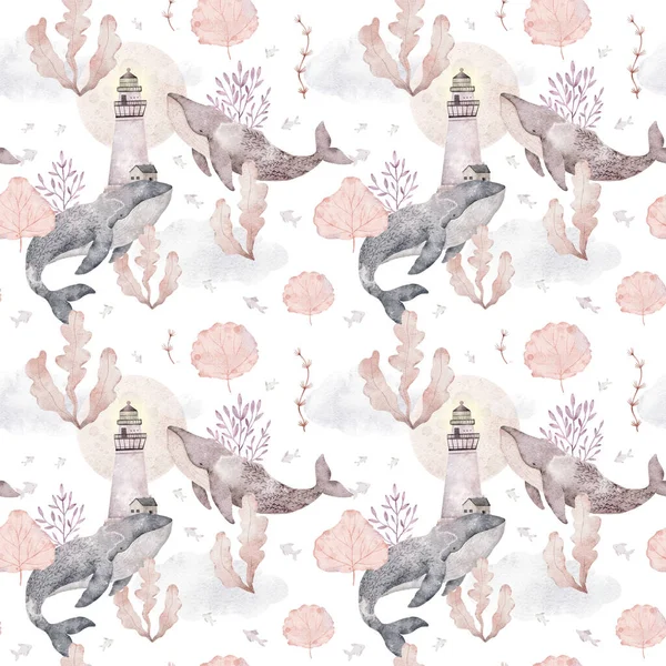 Akvarel Bezešvný Vzor Pod Vodou Světa Roztomilé Velryby Ryby Rostliny — Stock fotografie