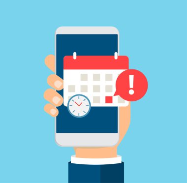 Akıllı telefon ekranında takvim ve saat. Planlama, zamanlama uygulaması, zaman çizelgesi, hatırlatıcı uygulama kavramları