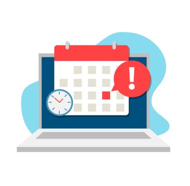 Dizüstü bilgisayarda takvim ve saat. Planlama, zamanlama uygulaması, zaman çizelgesi, hatırlatıcı uygulama kavramları