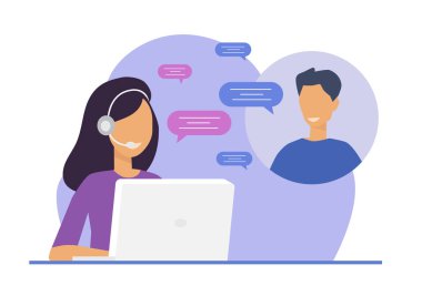 Müşteri hizmetleri. Kadın operatör çağrı merkezi, kulaklıklar ve dizüstü bilgisayarlı mikrofon. Destek, yardım, çağrı merkezi, yardım, yardım, yardım, danışma