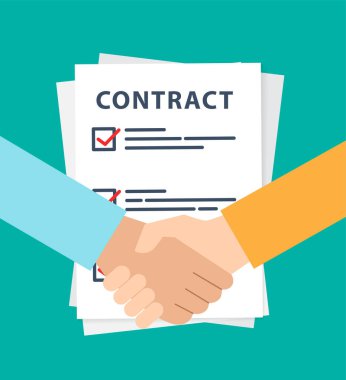 İnsanlar sözleşme imzaladıktan sonra el sıkışıyor. Vektör illüstrasyonu