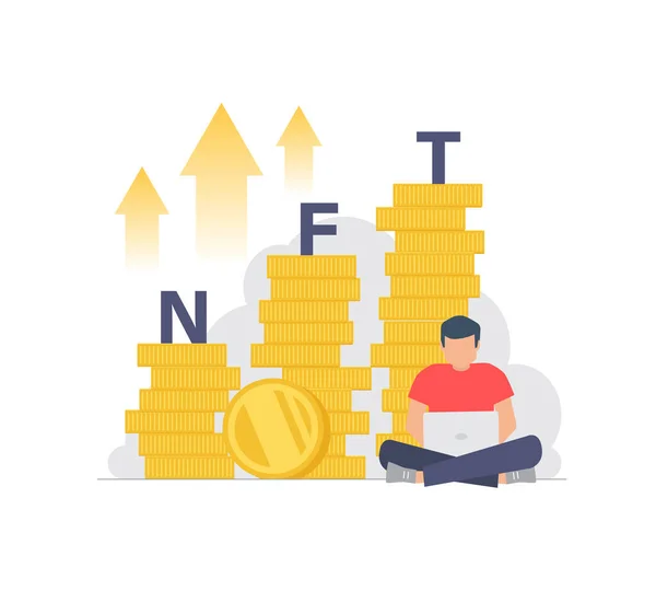 Nft Concept Coins Growth Man Laptop — Wektor stockowy