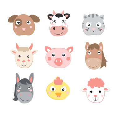 Cute domestic animals heads including a cow, dog, cat, goat, pig, horse, chick, donkey, lamb.