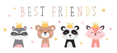 cute animals heads with crowns, best friends animal cartoon, vector set illustration