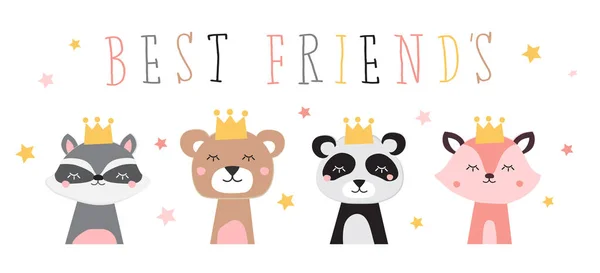 Cute Animals Heads Crowns Best Friends Animal Cartoon Vector Set — 스톡 벡터