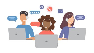 Müşteri hizmetleri, yardım hattı operatörü, müşteri tavsiyesi, online küresel teknik destek, vektör illüstrasyonu