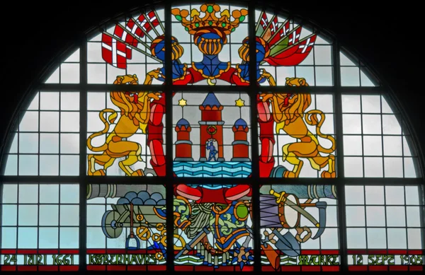 Stained-glass window with coat of arms in Copenhagen city hall — 스톡 사진
