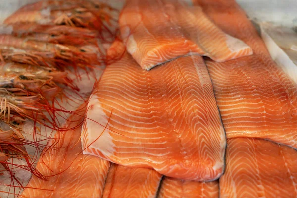 Lososová Červená Ryba Čerstvé Mořské Jídlo Vařené Krevety — Stock fotografie