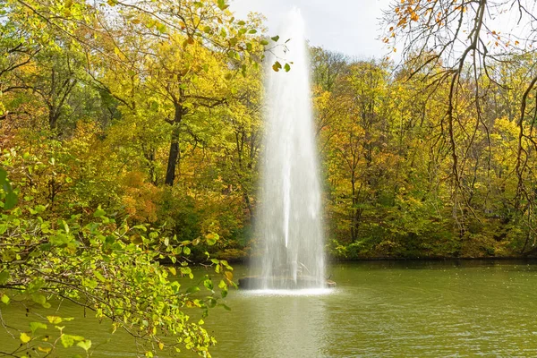 Sonbahar Parkındaki Çeşme Sarı Ağaçlı Göl Manzarası Sofievka Parkı Uman — Stok fotoğraf